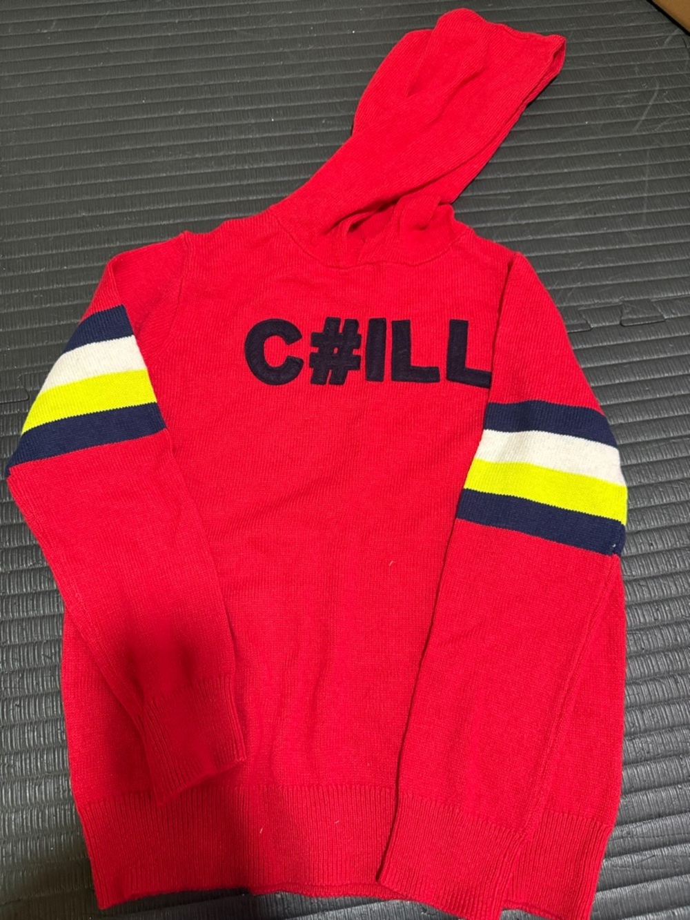 GAP Red Hooded Sweater with Navy Text and Yellow-White Sleeve Stripes